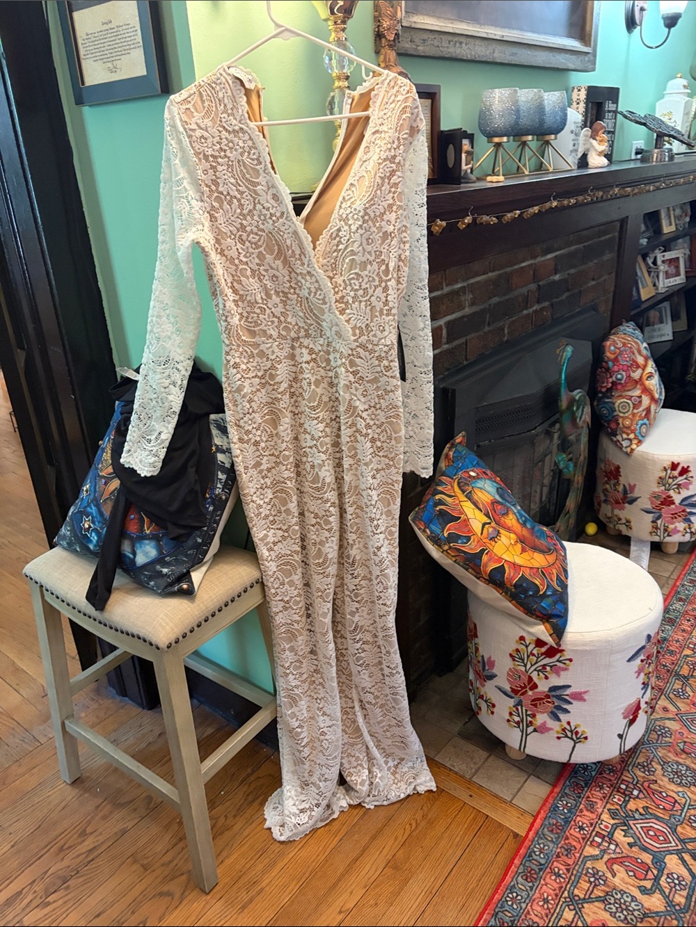 bebe Cream Lace Long-Sleeve Jumpsuit